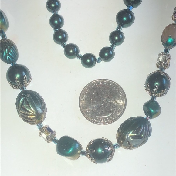 Vintage Green Iridescent Carved Plastic Beaded Boho Necklace - Picture 5 of 8